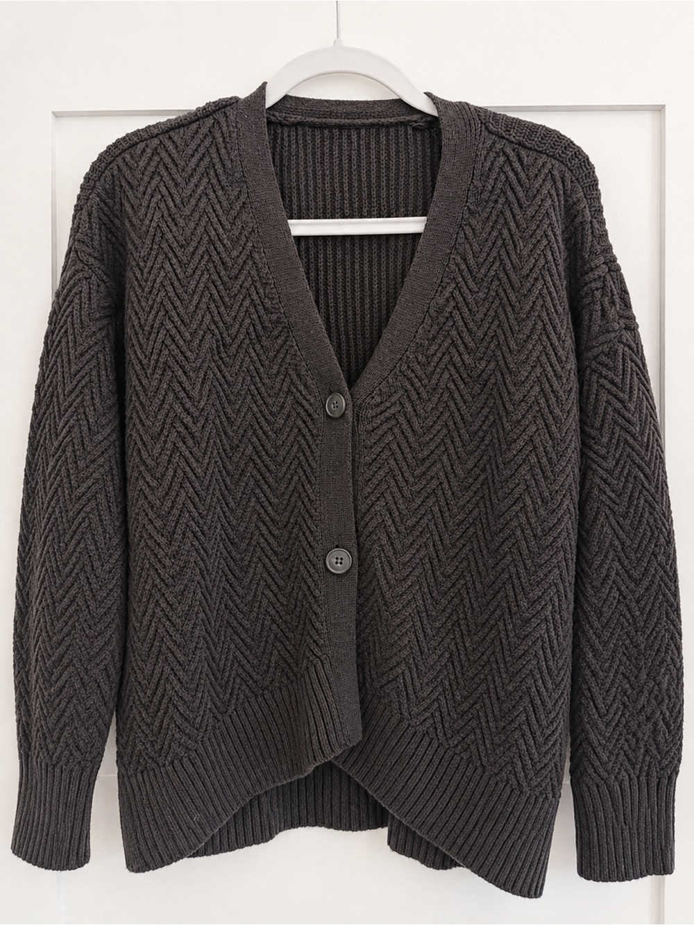 Black Textured Herringbone Knit Button Front Cardigan Sweater